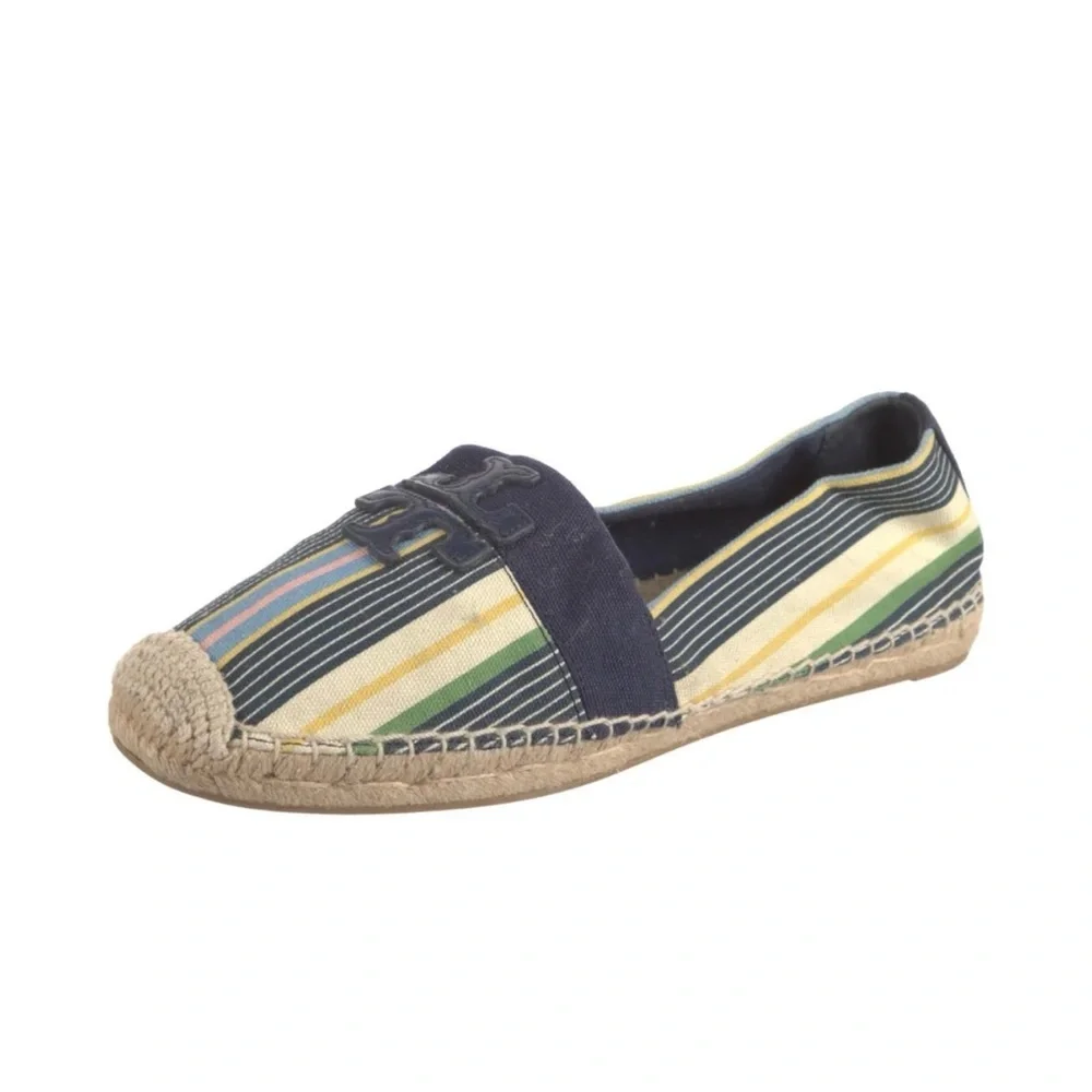 Tory Burch Stripe Espadrilles Size 10 Logo Flats Summer Shoes